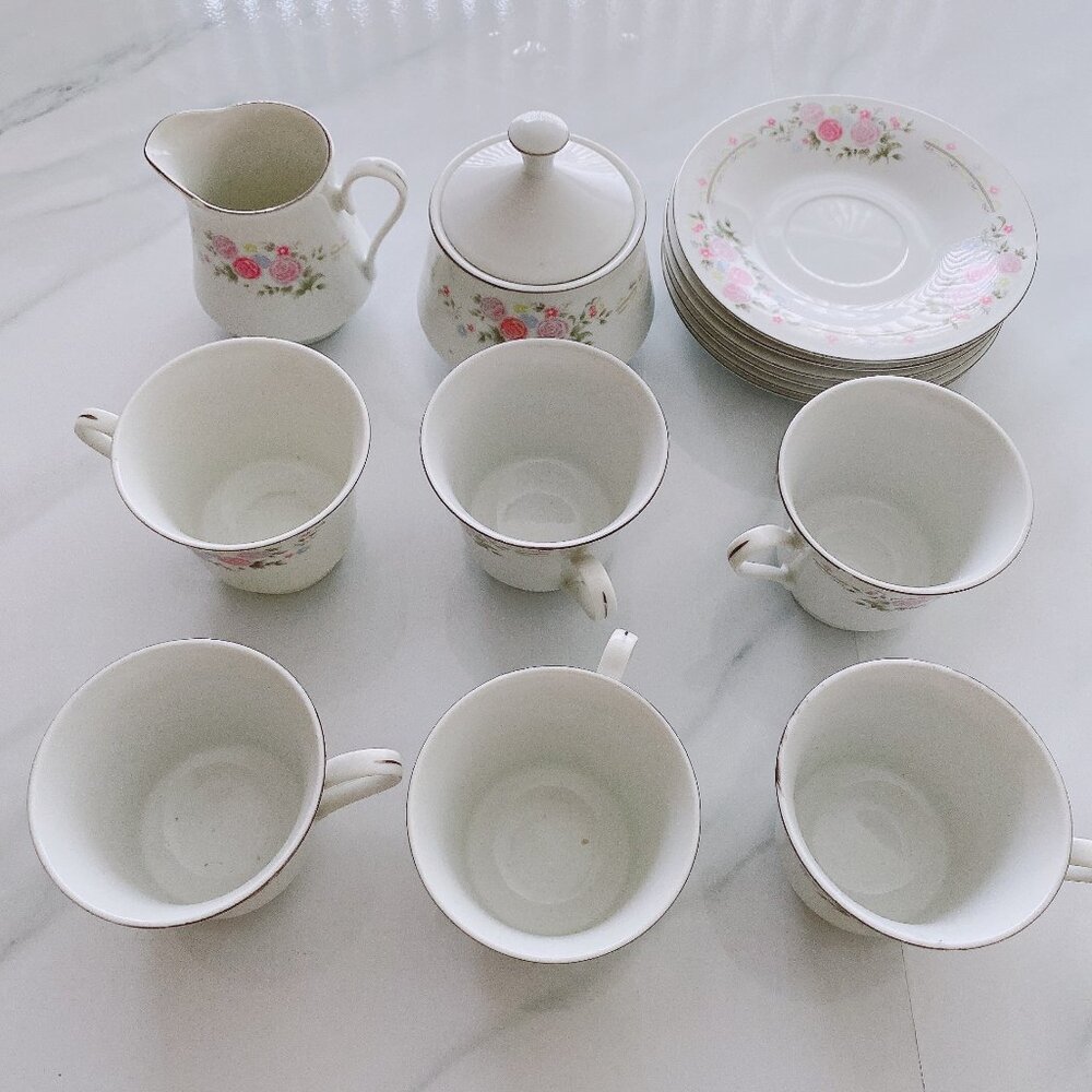 Vintage Porcelain Tea Set Sugar Bowl and Creamer Footed Cup and Saucer Set of 6